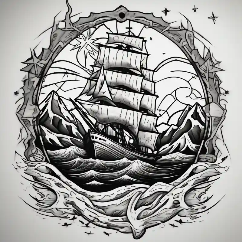 cartoon style Ocean Tattoo Ideas in 2025 about tattoo that has an acacia tree with mountains and ocean with a ship wreck with sharks and the northern star hello kitty tattoo